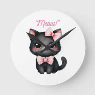 Cute Black Cat with Bow for Halloween Decoration Round Clock