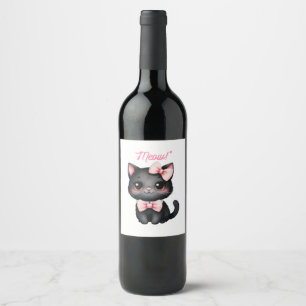 Cute Black Cat with Bow for Halloween Decoration Wine Label