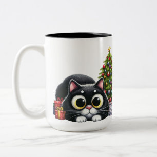 CUTE BLACK CAT WITH CHRISTMAS TREE Two-Tone COFFEE MUG