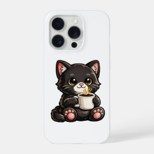 Cute Black Cat with Coffee iPhone 15 Pro Case
