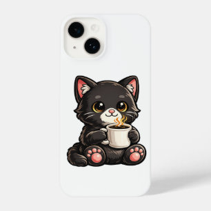 Cute Black Cat with Coffee iPhone 14 Case