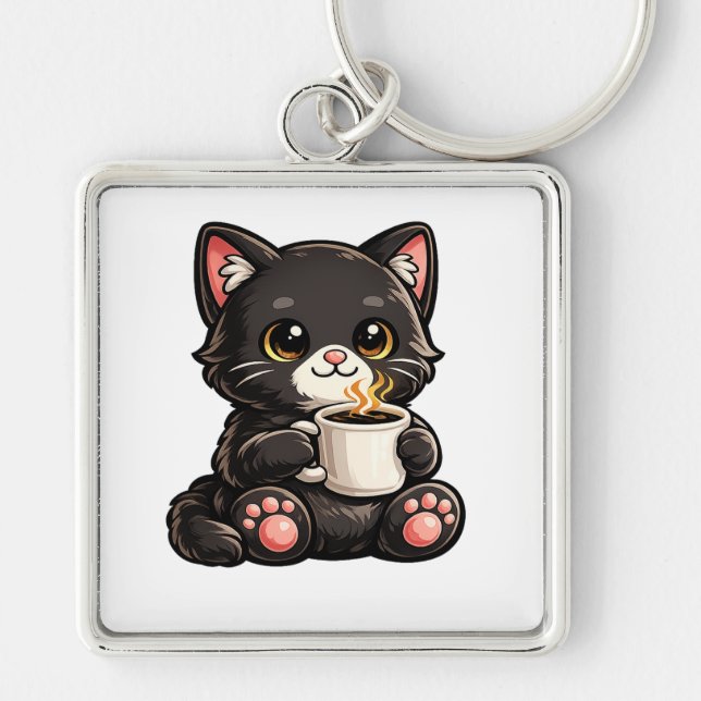 Cute Black Cat with Coffee Key Ring (Front)