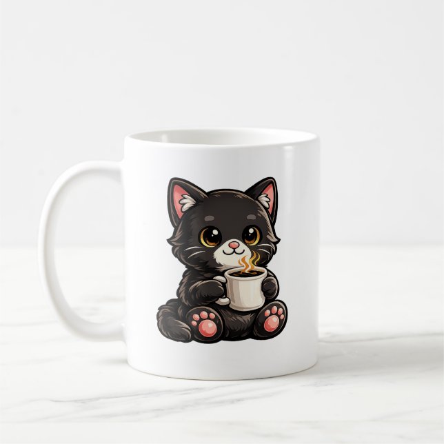Cute Black Cat with Coffee Mug (Left)