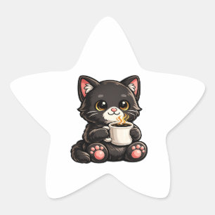 Cute Black Cat with Coffee Star Sticker