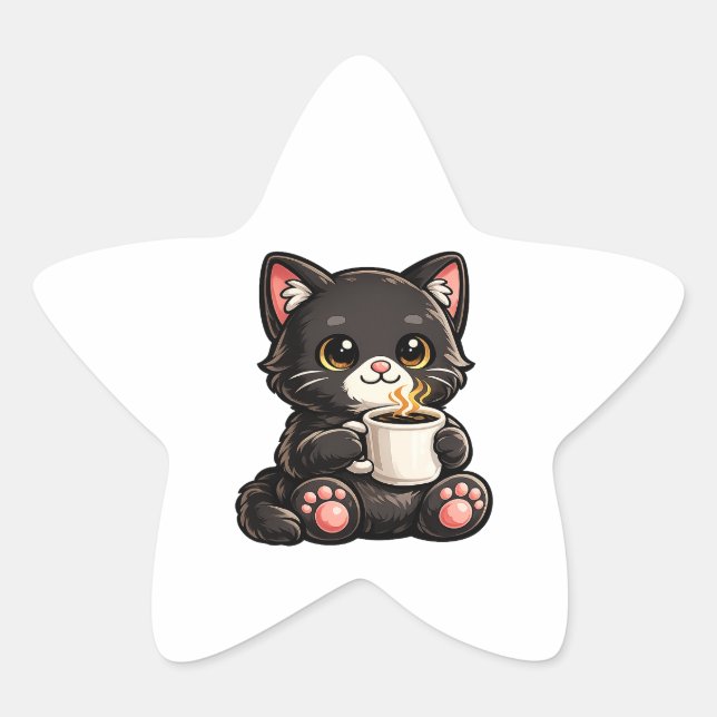 Cute Black Cat with Coffee Star Sticker (Front)