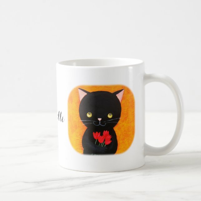 Cute Black Cat with Flowers Cat Lover Custom name Coffee Mug (Right)