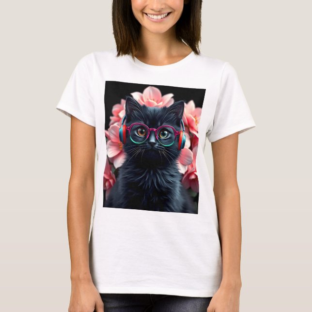 Cute black cat with glasses and headphones T-Shirt (Front)