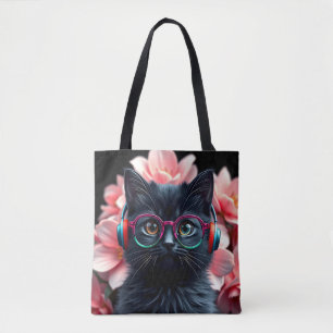 Cute black cat with glasses and headphones tote bag