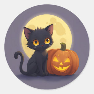Cute Black Cat with Glowing Carved Pumpkin Classic Round Sticker