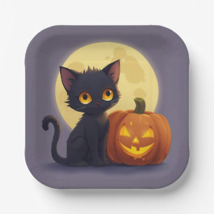 Cute Black Cat with Glowing Carved Pumpkin Paper Plate