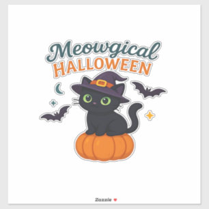 Cute Black Cat with Glowing Green Eyes on Pumpkin
