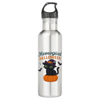 Cute Black Cat with Glowing Green Eyes on Pumpkin  710 Ml Water Bottle