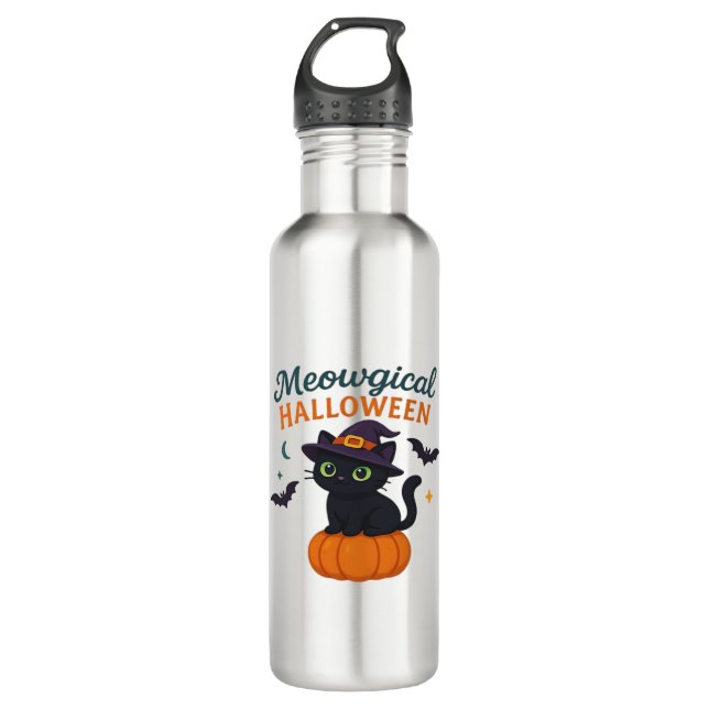 Cute Black Cat with Glowing Green Eyes on Pumpkin  710 Ml Water Bottle (Front)