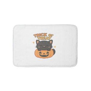 Cute Black Cat with Glowing Green Eyes on Pumpkin  Bath Mat