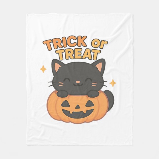 Cute Black Cat with Glowing Green Eyes on Pumpkin  Fleece Blanket (Front)