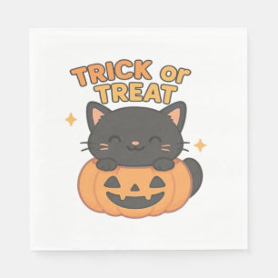 Cute Black Cat with Glowing Green Eyes on Pumpkin  Napkin