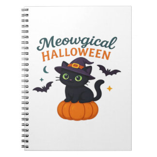 Cute Black Cat with Glowing Green Eyes on Pumpkin  Notebook