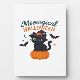 Cute Black Cat with Glowing Green Eyes on Pumpkin  Plaque