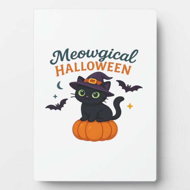 Cute Black Cat with Glowing Green Eyes on Pumpkin  Plaque (Front)