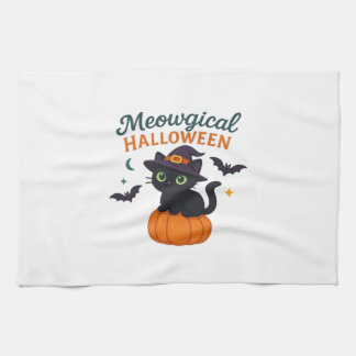 Cute Black Cat with Glowing Green Eyes on Pumpkin  Tea Towel