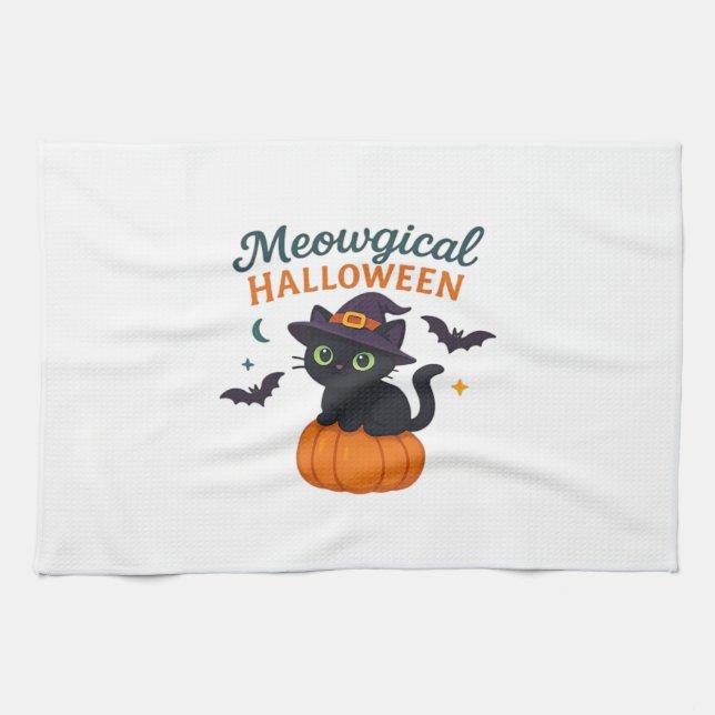 Cute Black Cat with Glowing Green Eyes on Pumpkin  Tea Towel (Horizontal)