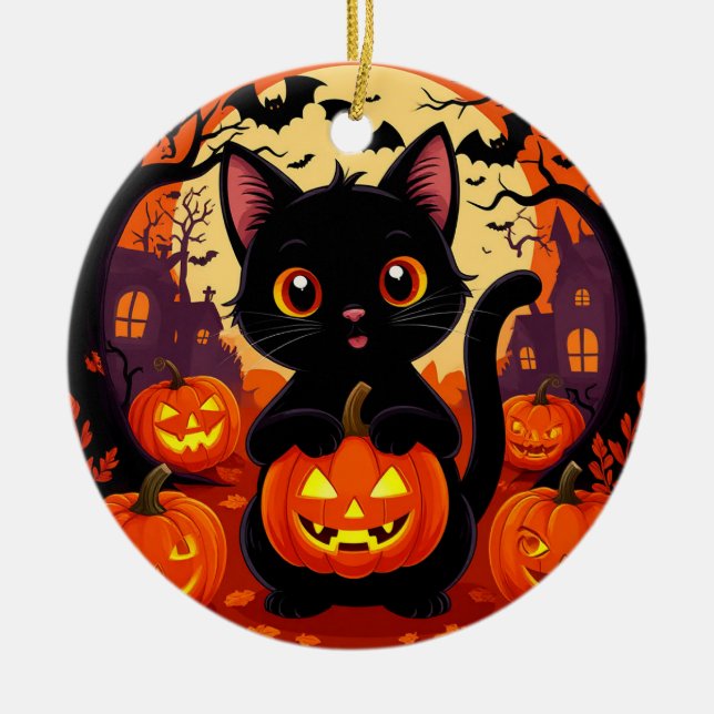Cute Black Cat with Halloween Pumpkins Ceramic Ornament (Front)