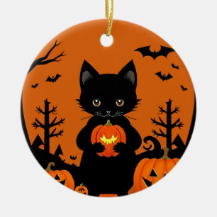 Cute Black Cat with Halloween Pumpkins Ceramic Ornament