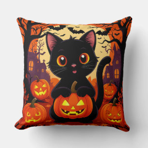 Cute Black Cat with Halloween Pumpkins Cushion