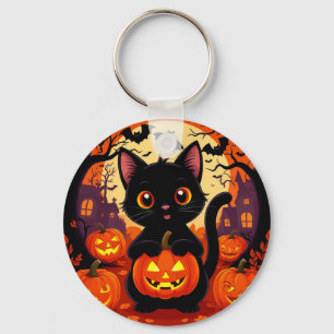 Cute Black Cat with Halloween Pumpkins Key Ring