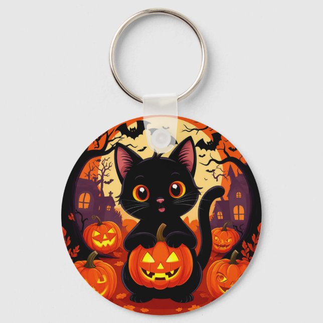 Cute Black Cat with Halloween Pumpkins Key Ring (Front)