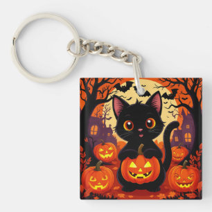 Cute Black Cat with Halloween Pumpkins Key Ring