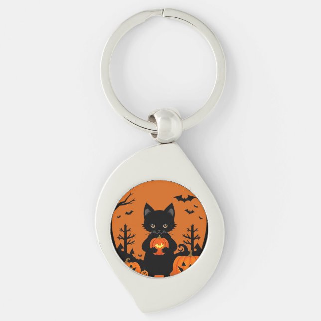 Cute Black Cat with Halloween Pumpkins Key Ring (Front)