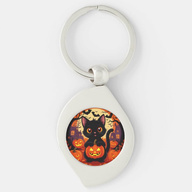Cute Black Cat with Halloween Pumpkins Key Ring (Front)