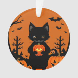 Cute Black Cat with Halloween Pumpkins Ornament