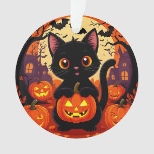Cute Black Cat with Halloween Pumpkins Ornament