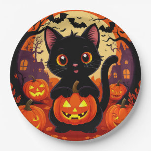 Cute Black Cat with Halloween Pumpkins Paper Plate