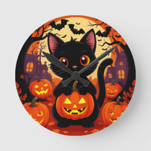 Cute Black Cat with Halloween Pumpkins Round Clock