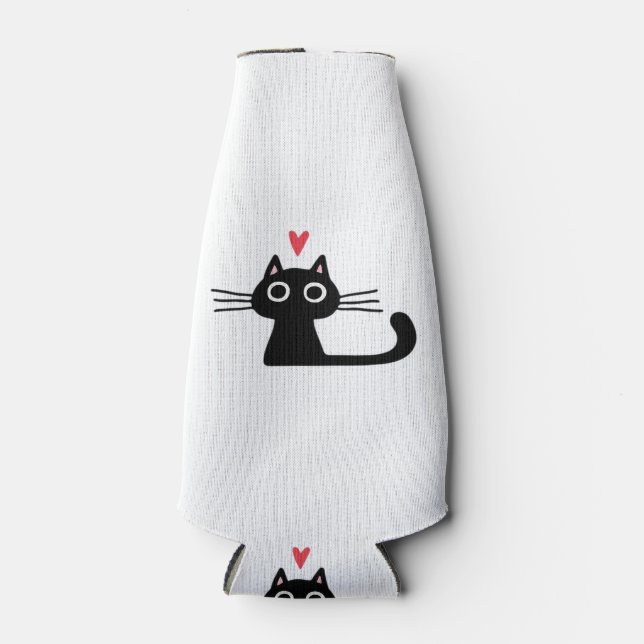 Cute Black Cat with Heart  Kitten Valentine Classi Bottle Cooler (Front)
