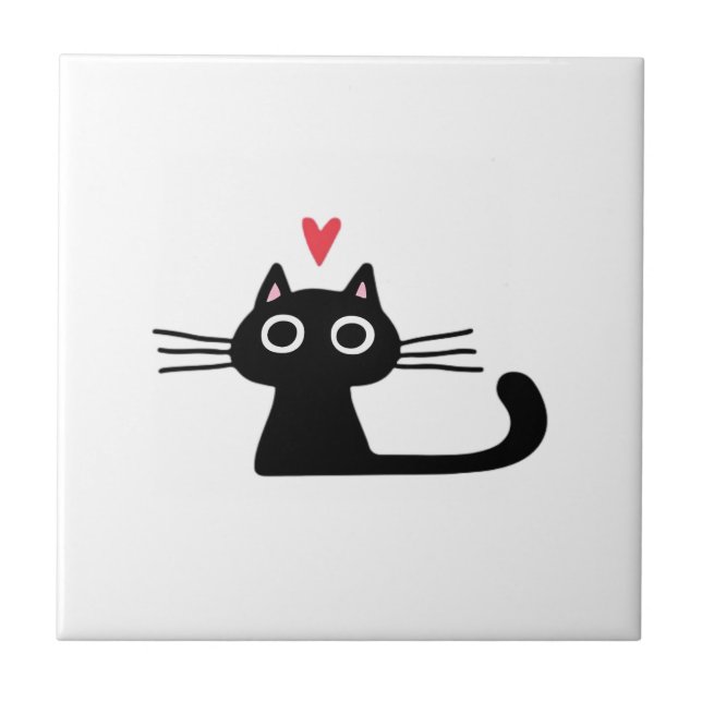 Cute Black Cat with Heart  Kitten Valentine Classi Ceramic Tile (Front)