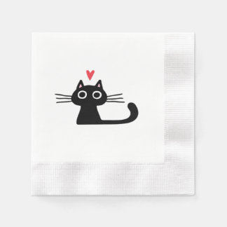 Cute Black Cat with Heart  Kitten Valentine Classi Napkin