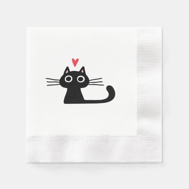 Cute Black Cat with Heart  Kitten Valentine Classi Napkin (Front)