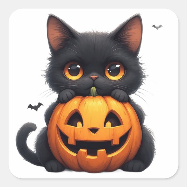 Cute Black Cat With Jack O Lantern Pumpkin Square Sticker (Front)