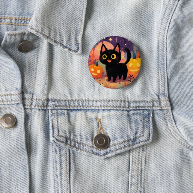 Cute Black Cat with Jack-o’-Lanterns - Button (In Situ)