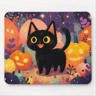 Cute Black Cat with Jack-o’-Lanterns - Mousepad