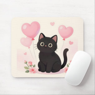 Cute black cat with pink hearts and flowers mouse pad