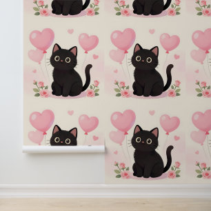 Cute black cat with pink hearts and flowers wallpaper