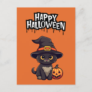 Cute Black Cat With Pumpkin Jack O Lantern Postcard