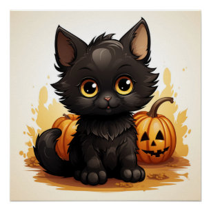 Cute Black Cat with Pumpkins Poster