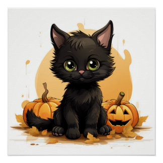 Cute Black Cat with Pumpkins Poster