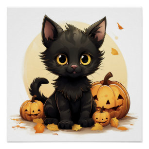 Cute Black Cat with Pumpkins Poster